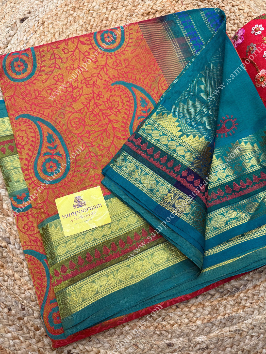 Rust Orange with Green  , Mango with Kodi design and Rich Pallu Handblock Printed Silk Cotton Saree