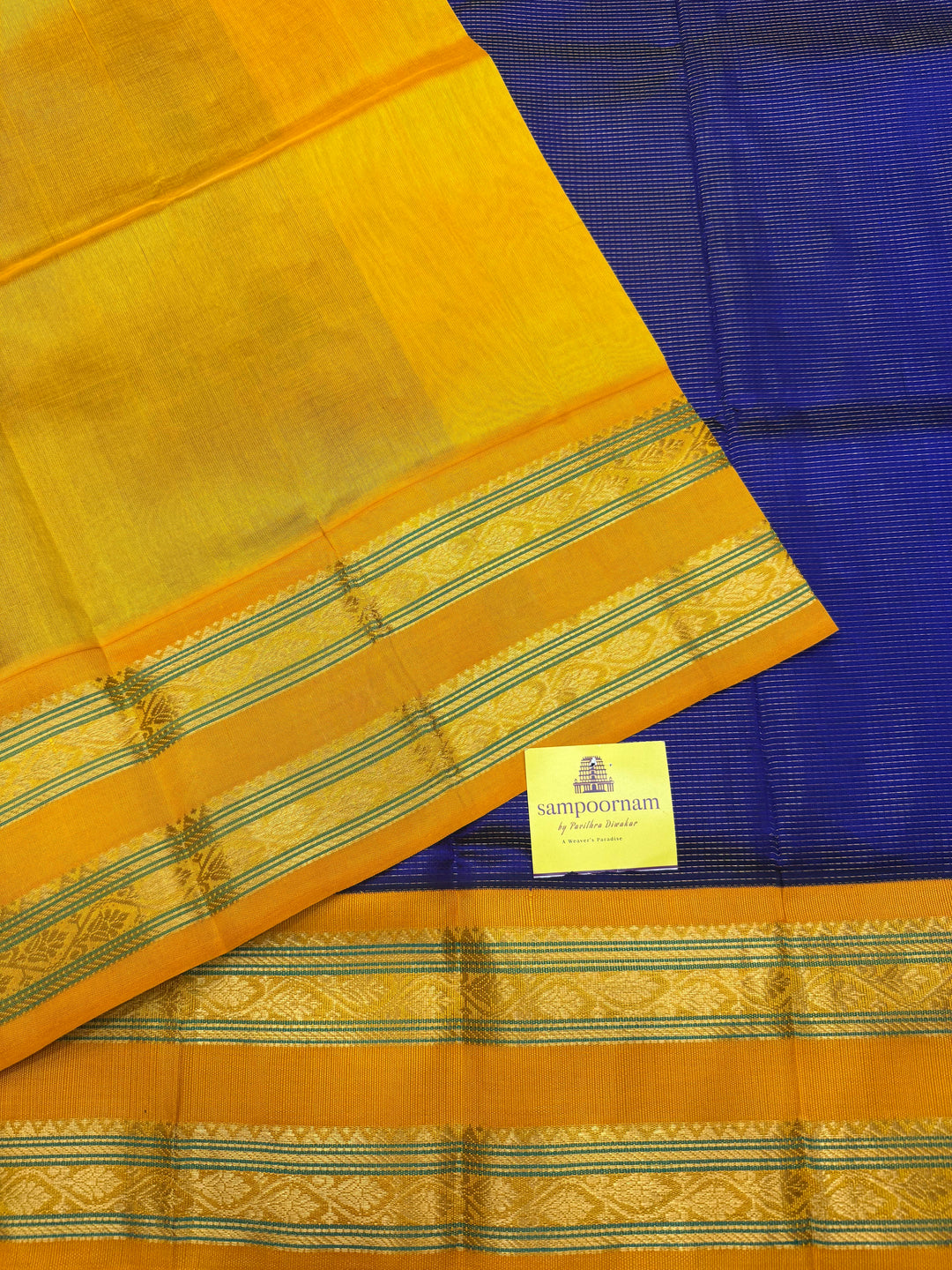 MS Blue with Manjal, Rich Zari Podi Kattam in the body , traditional rettapet borders & Grand Pallu ,Korvai Silk Cotton Saree