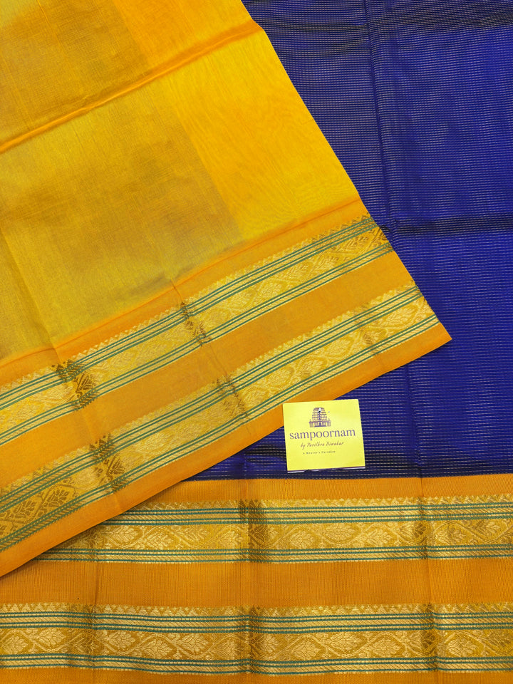 MS Blue with Manjal, Rich Zari Podi Kattam in the body , traditional rettapet borders & Grand Pallu ,Korvai Silk Cotton Saree