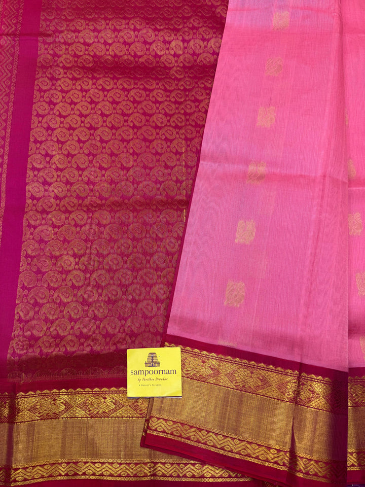 Baby Pink with Dark Pink , Rich Annam Zari butta in the body and Traditional Silk borders , rich Pallu. Korvai Silk Cotton Saree