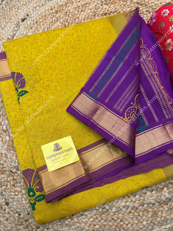 Lemon Yellow with Magenta , Floral with Kodi design and Rich Pallu Handblock Printed Silk Cotton Saree