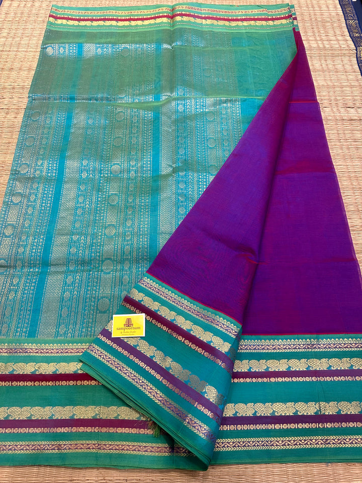 Purple with Turquoise Blue, One Side Big Border, Rich Pallu  Pure Korvai Silk Cotton Saree