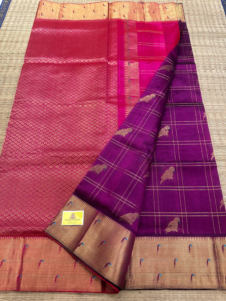 Purple with Dark Pink , Paithani Border , Parrot Motifs And Zari Checks in the Body Rich Pallu Pure Silk Cotton Saree