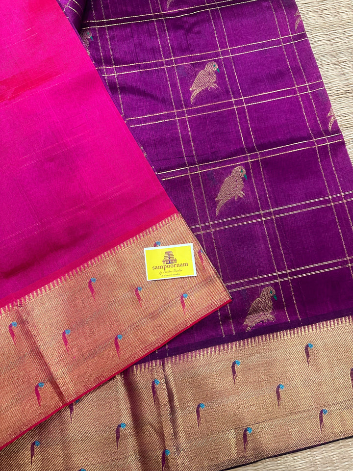 Purple with Dark Pink , Paithani Border , Parrot Motifs And Zari Checks in the Body Rich Pallu Pure Silk Cotton Saree