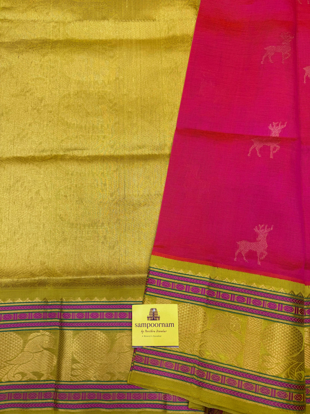Pink with Lemon Yellow , Rich Deer Zari Butta in the body and Traditional borders , Grand Pallu Korvai Silk Cotton Saree
