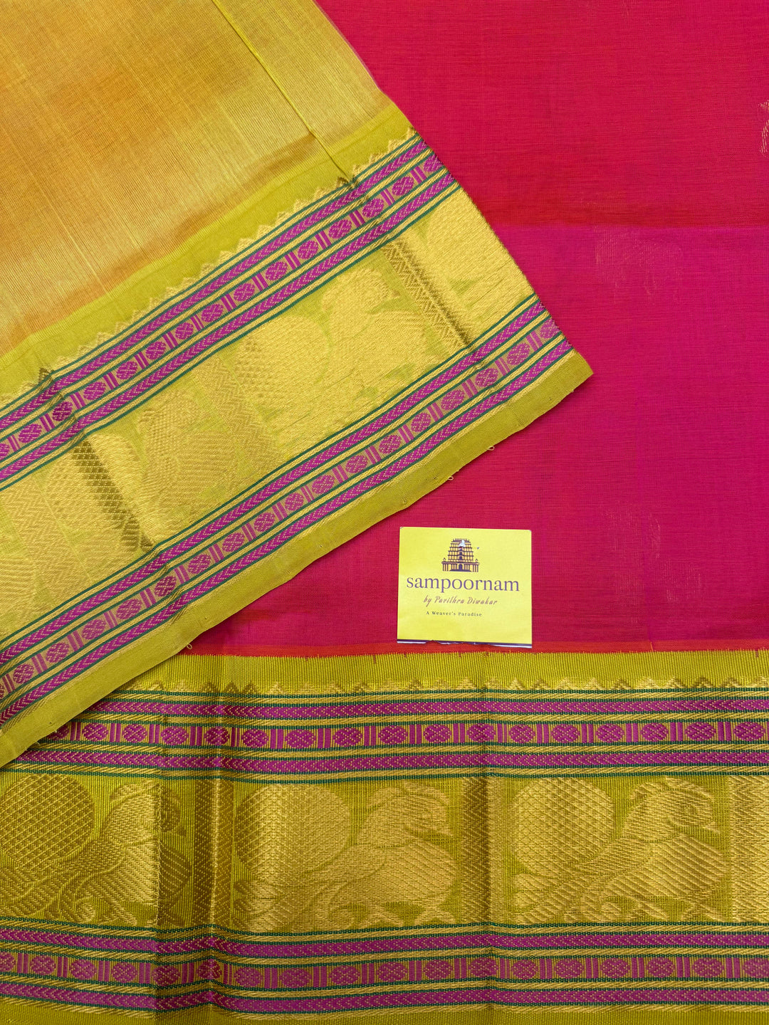 Pink with Lemon Yellow , Rich Deer Zari Butta in the body and Traditional borders , Grand Pallu Korvai Silk Cotton Saree