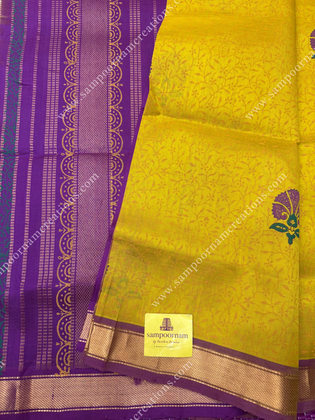 Lemon Yellow with Magenta , Floral with Kodi design and Rich Pallu Handblock Printed Silk Cotton Saree