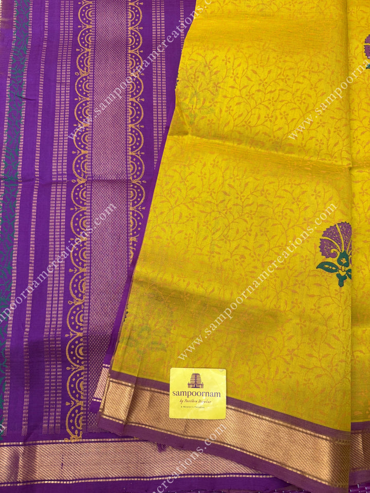 Lemon Yellow with Magenta , Floral with Kodi design and Rich Pallu Handblock Printed Silk Cotton Saree