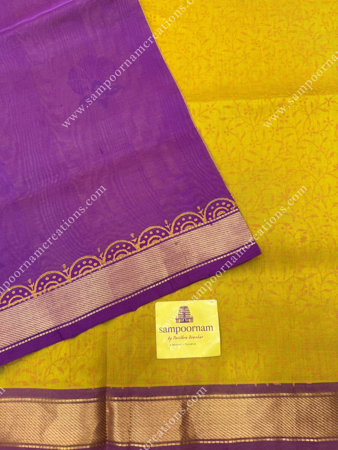 Lemon Yellow with Magenta , Floral with Kodi design and Rich Pallu Handblock Printed Silk Cotton Saree