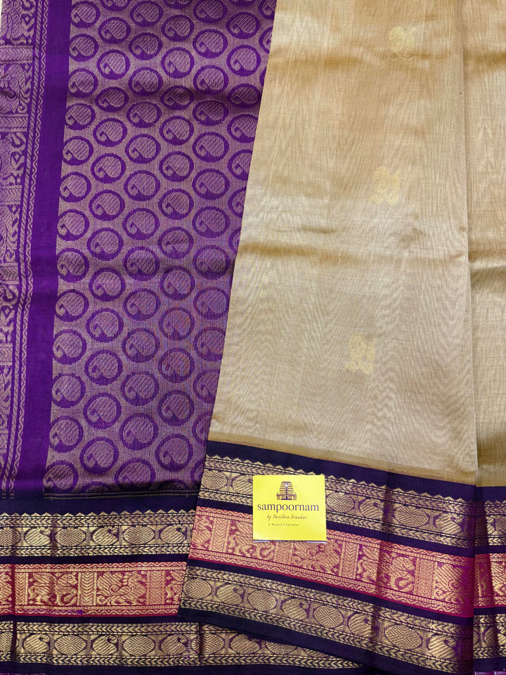Light Gold with Purple , Rich Mango Zari butta in the body and Traditional Kanchi borders & rich Pallu Korvai Silk Cotton Saree