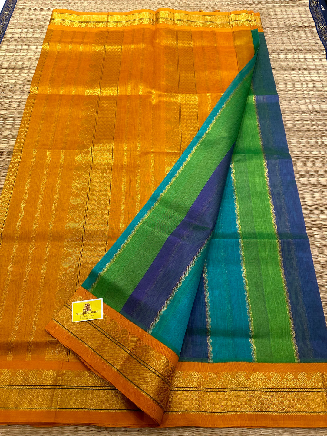 A fusion of Colours Turquoise Blue, Purple and Green with Fenugreek Colour ,Rich= Border and Pallu Korvai Silk Cotton Saree
