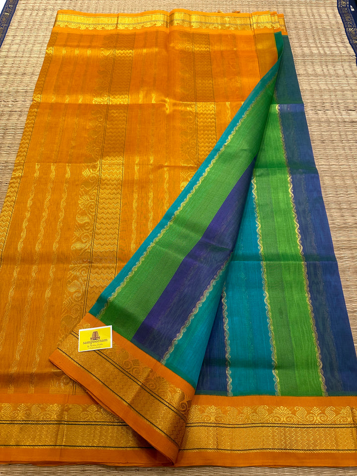 A fusion of Colours Turquoise Blue, Purple and Green with Fenugreek Colour ,Rich= Border and Pallu Korvai Silk Cotton Saree