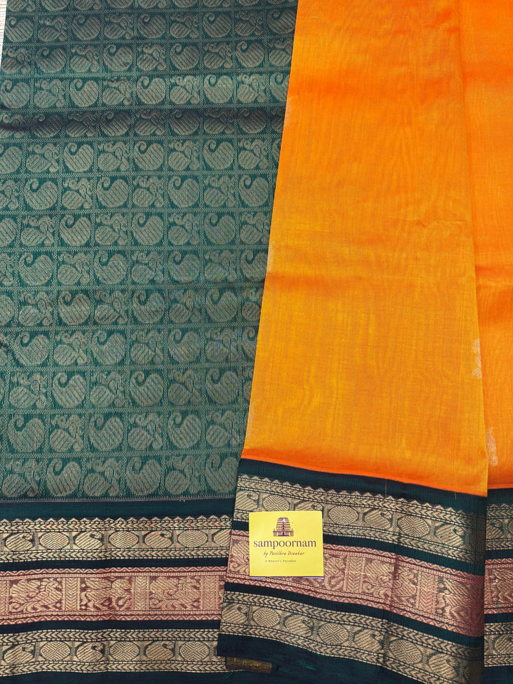 Mambazha Manjal with Green, Rich Mango Zari butta in the body and Traditional Kanchi borders & rich Pallu, Korvai Silk Cotton Saree
