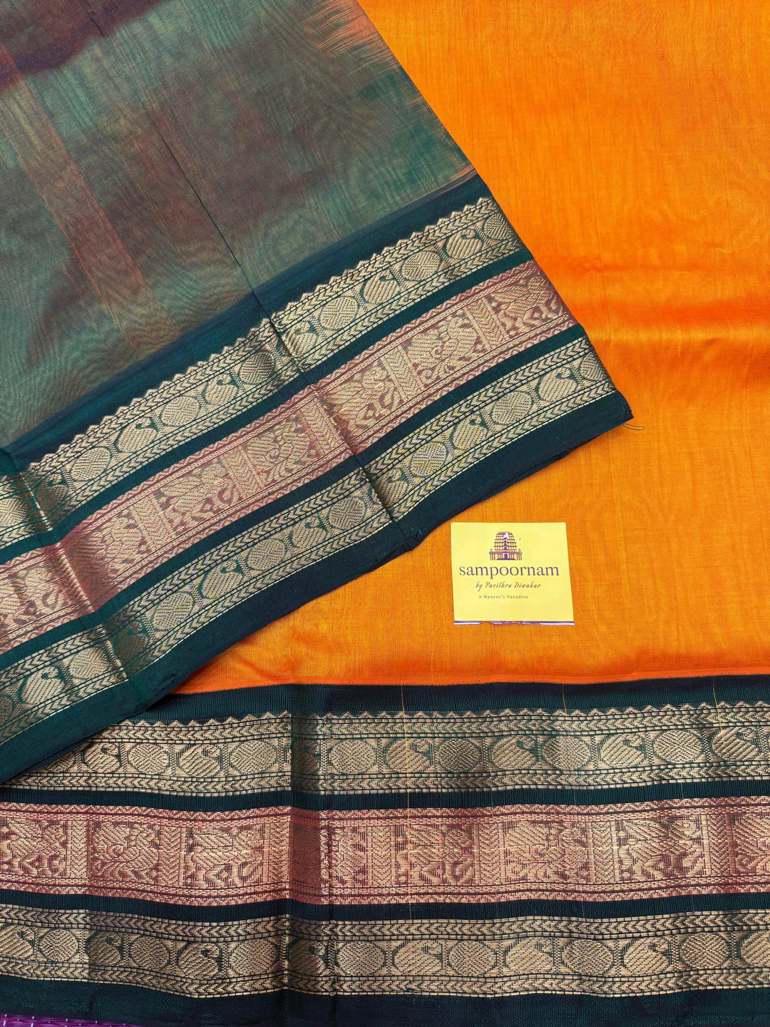 Mambazha Manjal with Green, Rich Mango Zari butta in the body and Traditional Kanchi borders & rich Pallu, Korvai Silk Cotton Saree