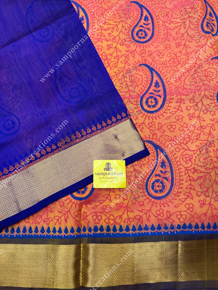 Peach with Dark Blue , Mango with Kodi design and Rich Pallu Handblock Printed Silk Cotton Saree