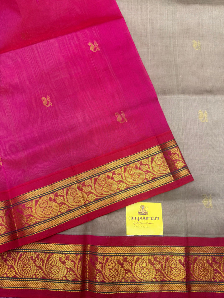 Grey with Magenta , Rich Zari Mango butta in the body , Traditional  borders and rich Pallu Korvai Silk Cotton Saree