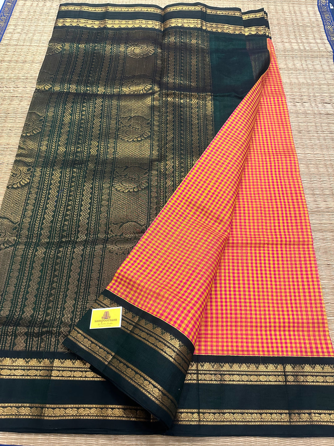Pink and Manjal Podi Kattam with Dark Green Rettapet Border and RIch Pallu Korvai Silk Cotton Saree