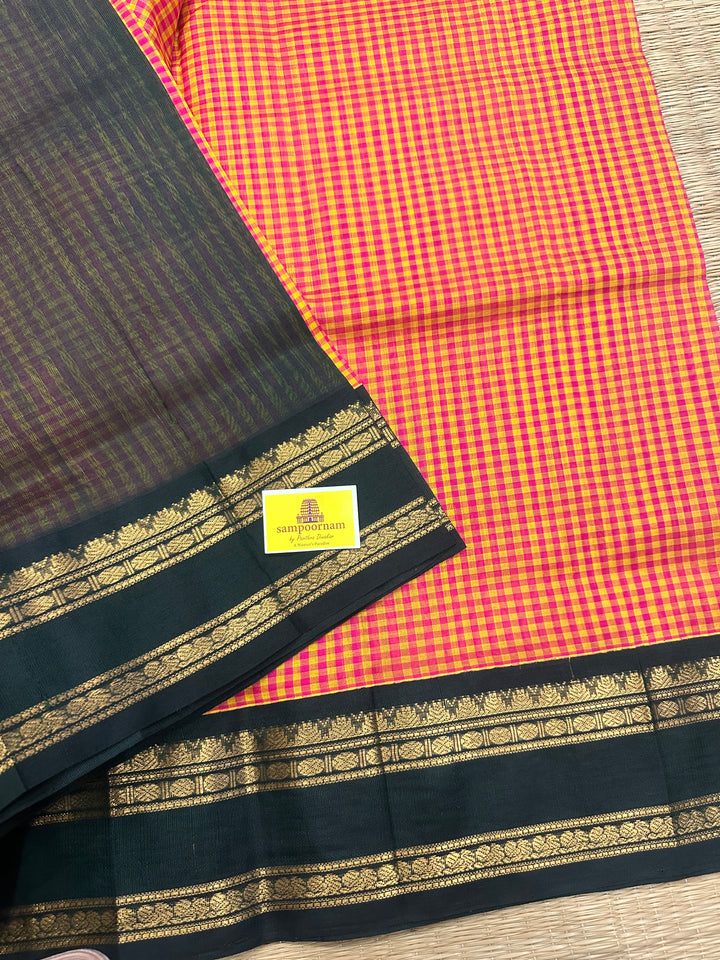 Pink and Manjal Podi Kattam with Dark Green Rettapet Border and RIch Pallu Korvai Silk Cotton Saree