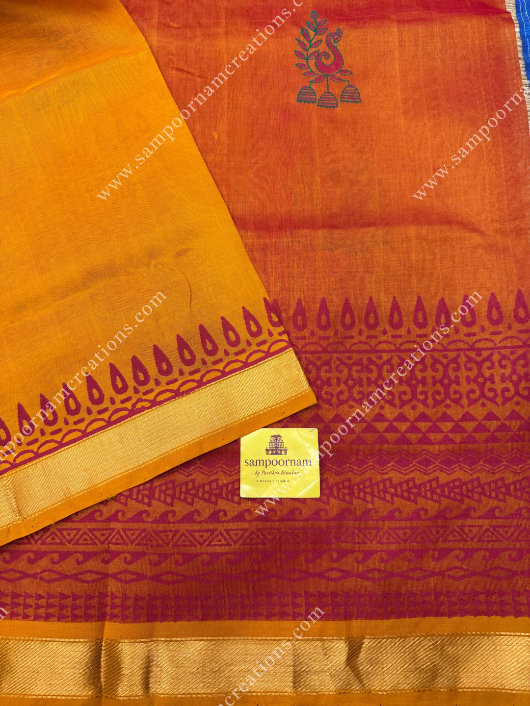 Rust Orange with Mustard  , Mayil motif in the body  and Rich Pallu Handblock Printed Silk Cotton Saree