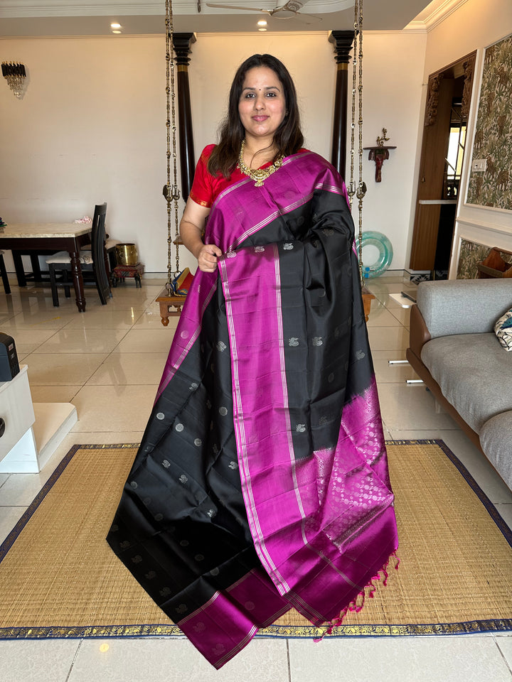 Black With Magenta , Annam and Rudraksh Silver Butta in Body , Rich Pallu Pure Soft Silk Saree