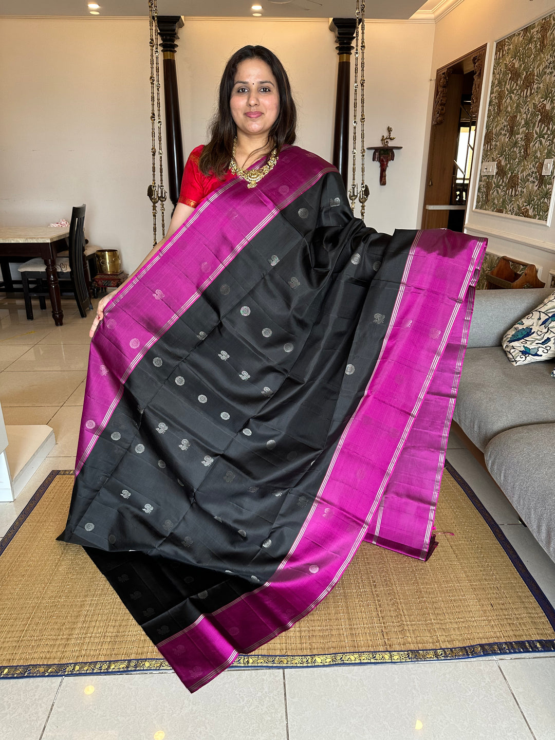 Black With Magenta , Annam and Rudraksh Silver Butta in Body , Rich Pallu Pure Soft Silk Saree