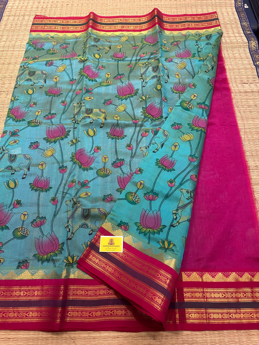 Ramar Blue with Pink  Pichwai Printed Korvai Silk Cotton Saree