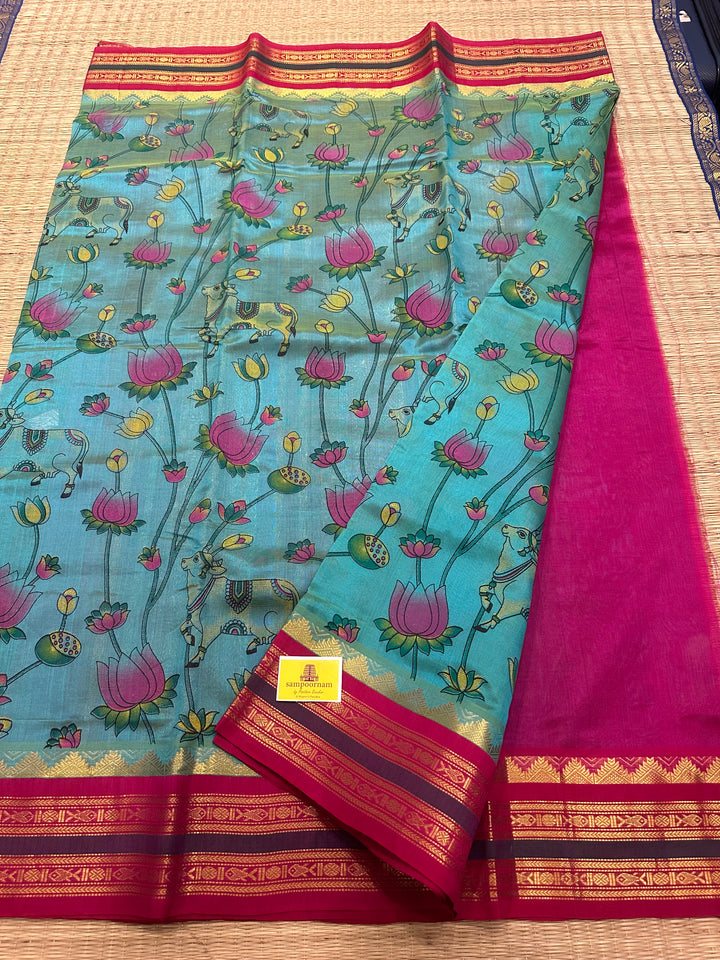 Ramar Blue with Pink  Pichwai Printed Korvai Silk Cotton Saree
