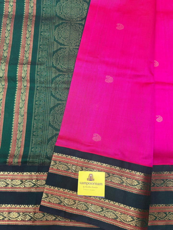 Bright Pink with Green , Rich Mango Zari butta in the body and Traditional rettapet borders , Grand Pallu ,Korvai Silk Cotton Saree