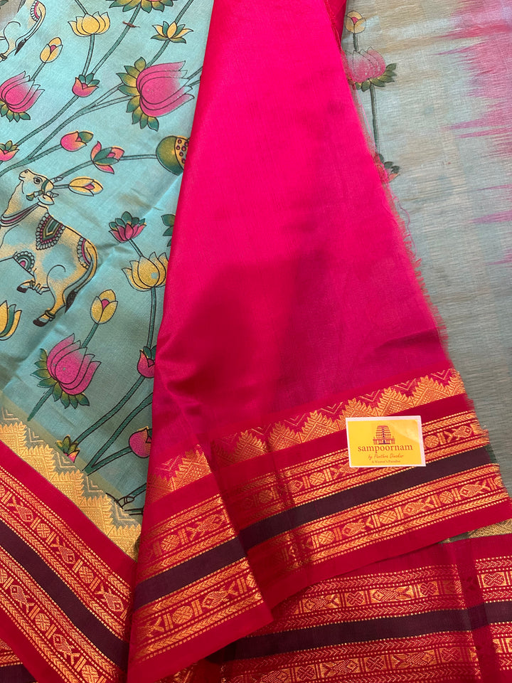 Ramar Blue with Pink  Pichwai Printed Korvai Silk Cotton Saree