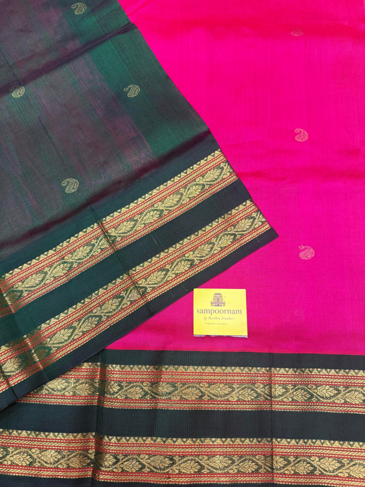 Bright Pink with Green , Rich Mango Zari butta in the body and Traditional rettapet borders , Grand Pallu ,Korvai Silk Cotton Saree