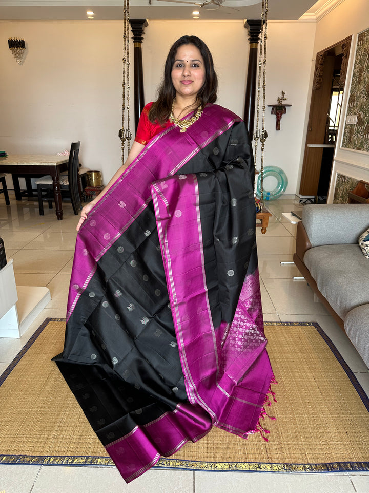 Black With Magenta , Annam and Rudraksh Silver Butta in Body , Rich Pallu Pure Soft Silk Saree