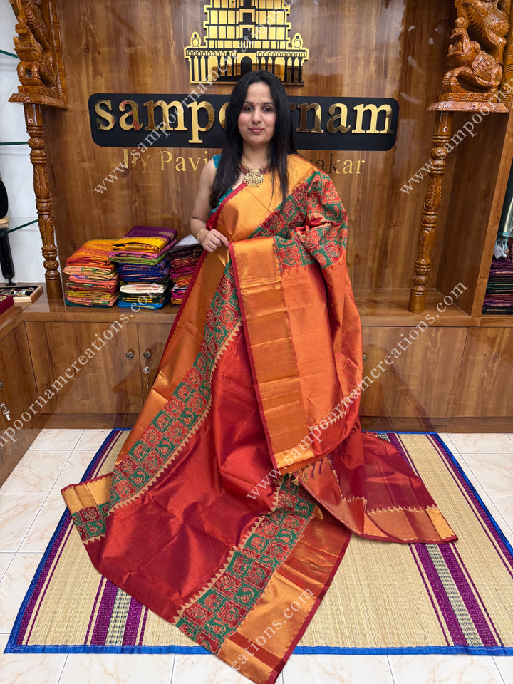 Rust Orange  , Annam and Elephant Handblock Print and Tissue borders , Rich Pallu Handblock Printed Silk Cotton Saree