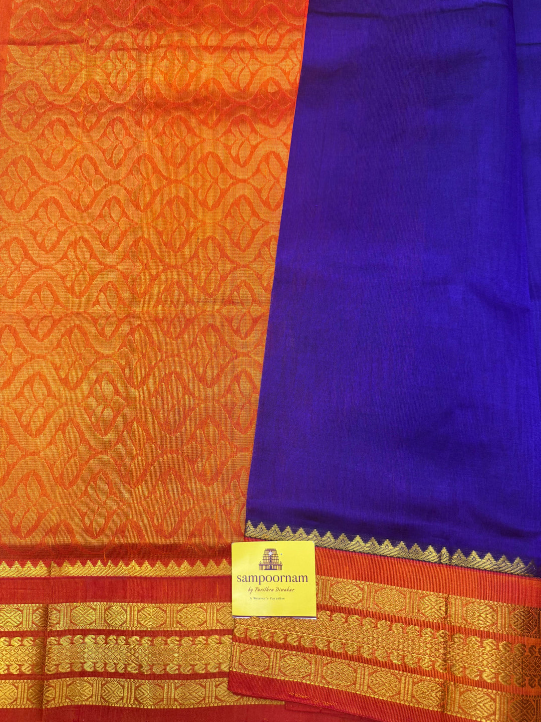 Persian Blue with Rust Orange ,  Traditional borders and Rich Pallu Korvai Silk Cotton Saree