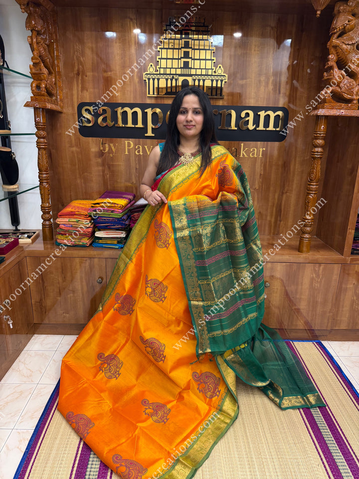 Mambazha Manjal with Green , Annam Print in the body  and Rich Pallu Handblock Printed Silk Cotton Saree