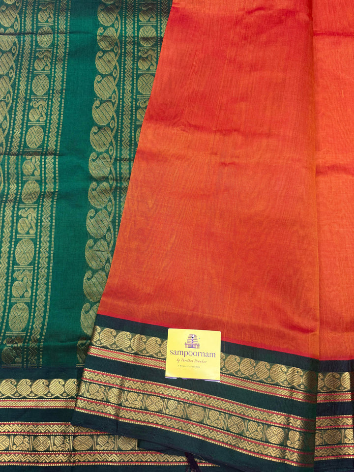 Rustic Orange with Green ,Traditional rettapet borders & Grand Pallu ,Korvai Silk Cotton Saree