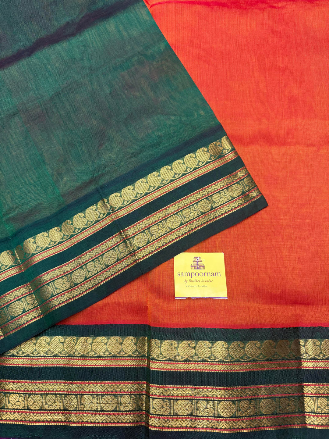 Rustic Orange with Green ,Traditional rettapet borders & Grand Pallu ,Korvai Silk Cotton Saree