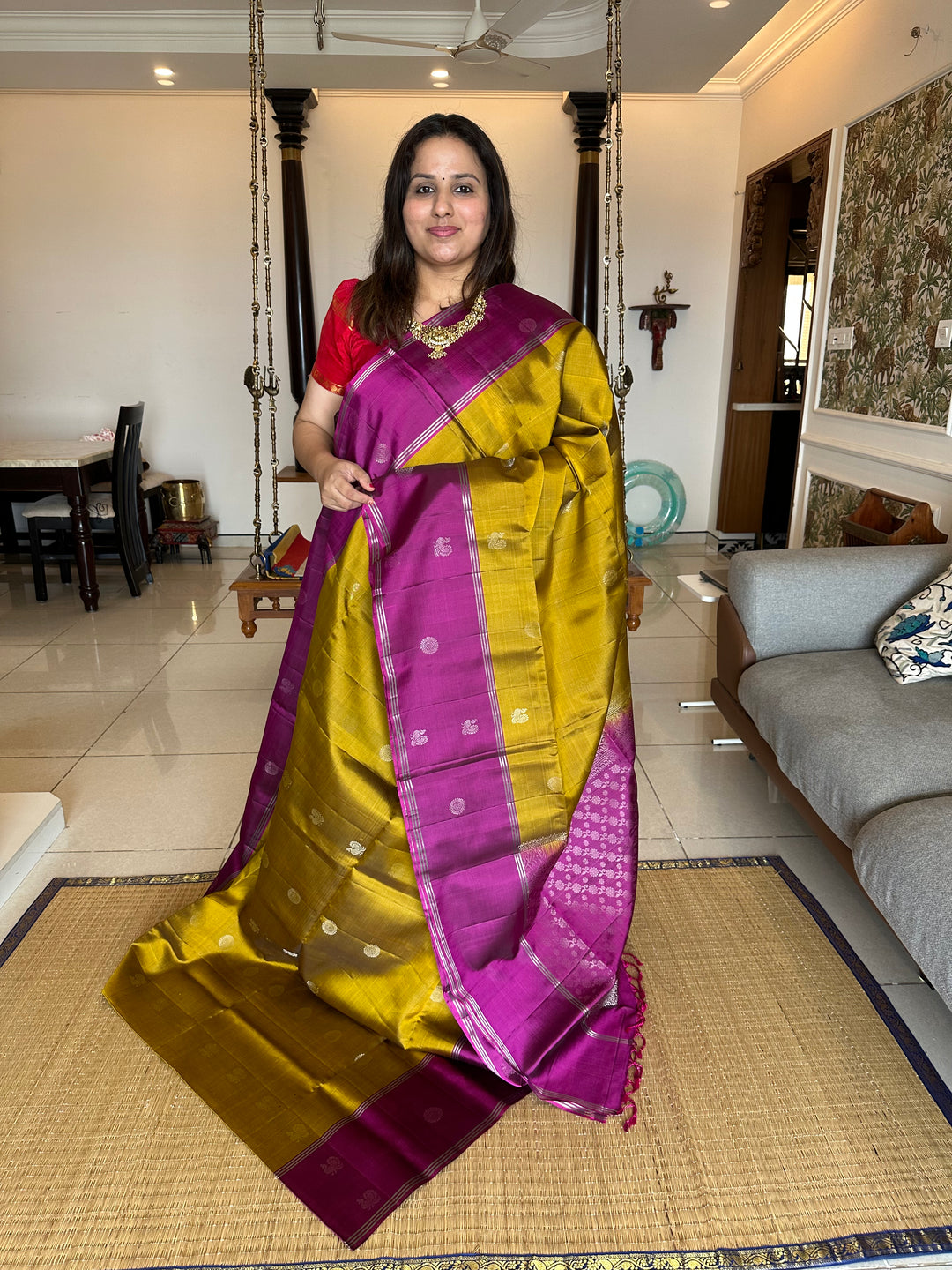 Fenugreek Gold with Magenta Mayil and Chakram Butta Silver Zari Pure Soft Silk Saree