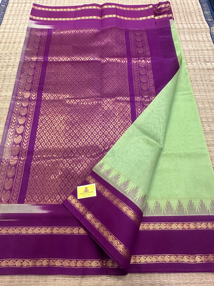 Pista Green with Purple, Rettapet Temple Border and Rich Pallu Korvai Silk Cotton Saree