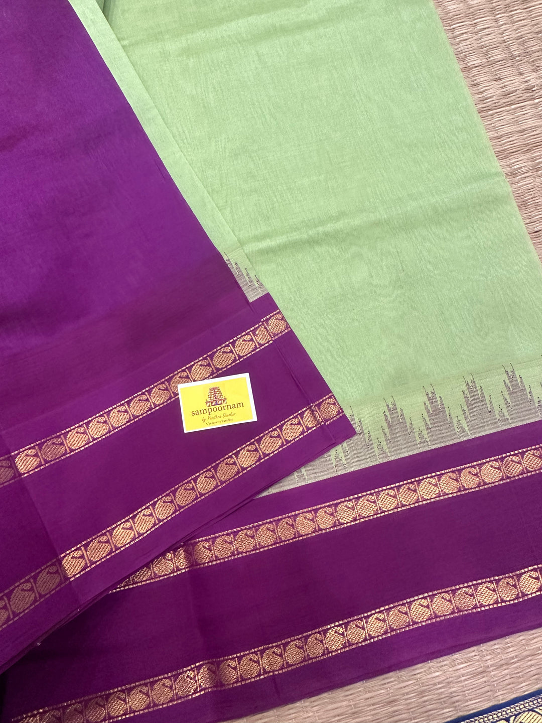 Pista Green with Purple, Rettapet Temple Border and Rich Pallu Korvai Silk Cotton Saree