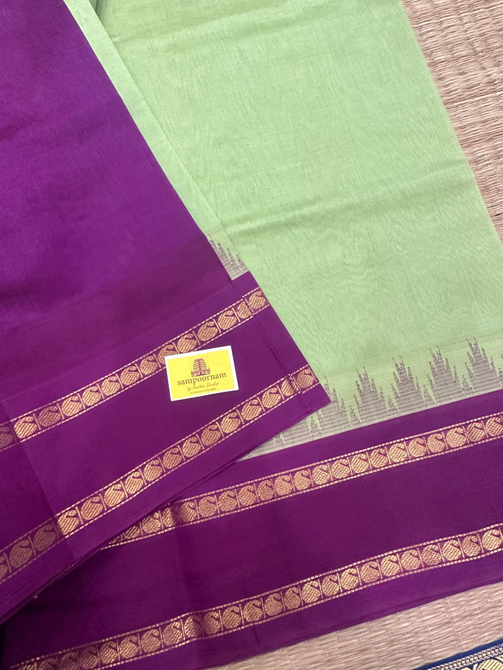 Pista Green with Purple, Rettapet Temple Border and Rich Pallu Korvai Silk Cotton Saree