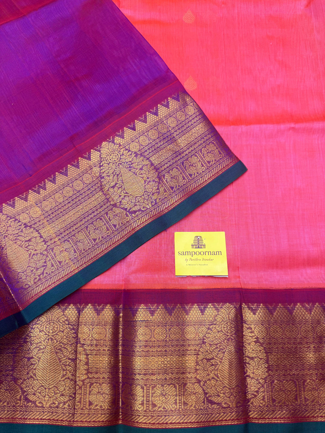 Pink with Magenta , Rich Thilagam Zari butta in the body , One side big borders and rich Pallu Korvai Silk Cotton Saree