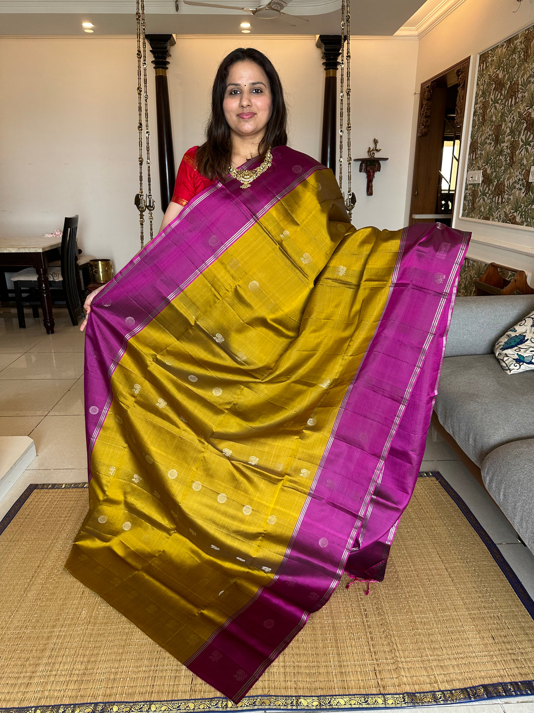 Fenugreek Gold with Magenta Mayil and Chakram Butta Silver Zari Pure Soft Silk Saree