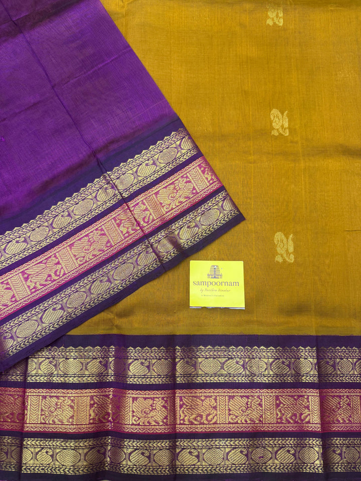 Mustard with Purple, Rich Mango Zari butta in the body and Traditional Kanchi borders & Grand Pallu, Korvai Silk Cotton Saree