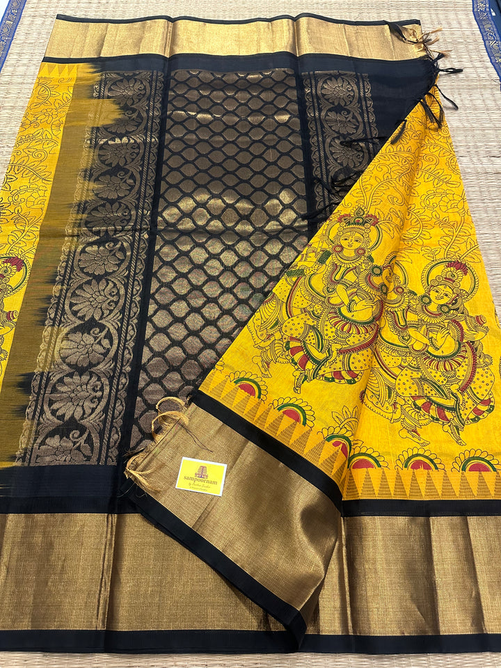 Yellow with Black Radha Krishna Printed Korvai Silk Cotton Saree