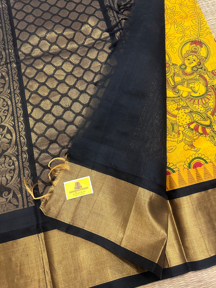 Yellow with Black Radha Krishna Printed Korvai Silk Cotton Saree