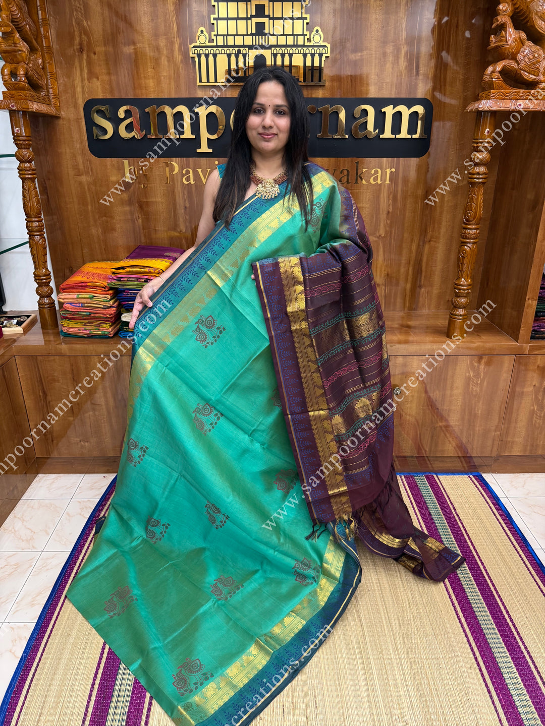 Double Shaded Green with Brown , Bird Print in the body and Rich Pallu Handblock Printed Silk Cotton Saree