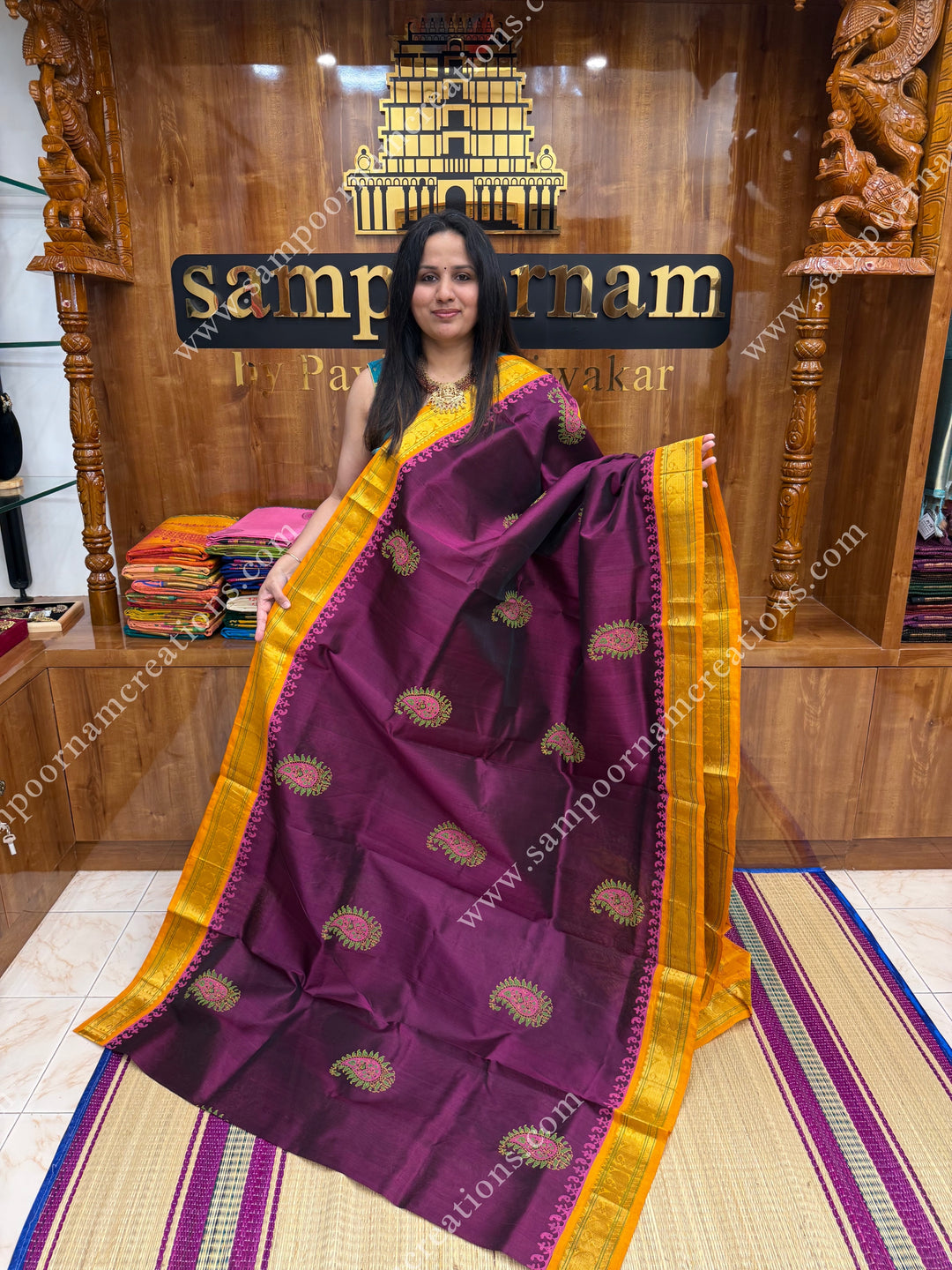 Wine with Mustard  , Mango Print in the body and Rich Pallu Handblock Printed Korvai Silk Cotton Saree
