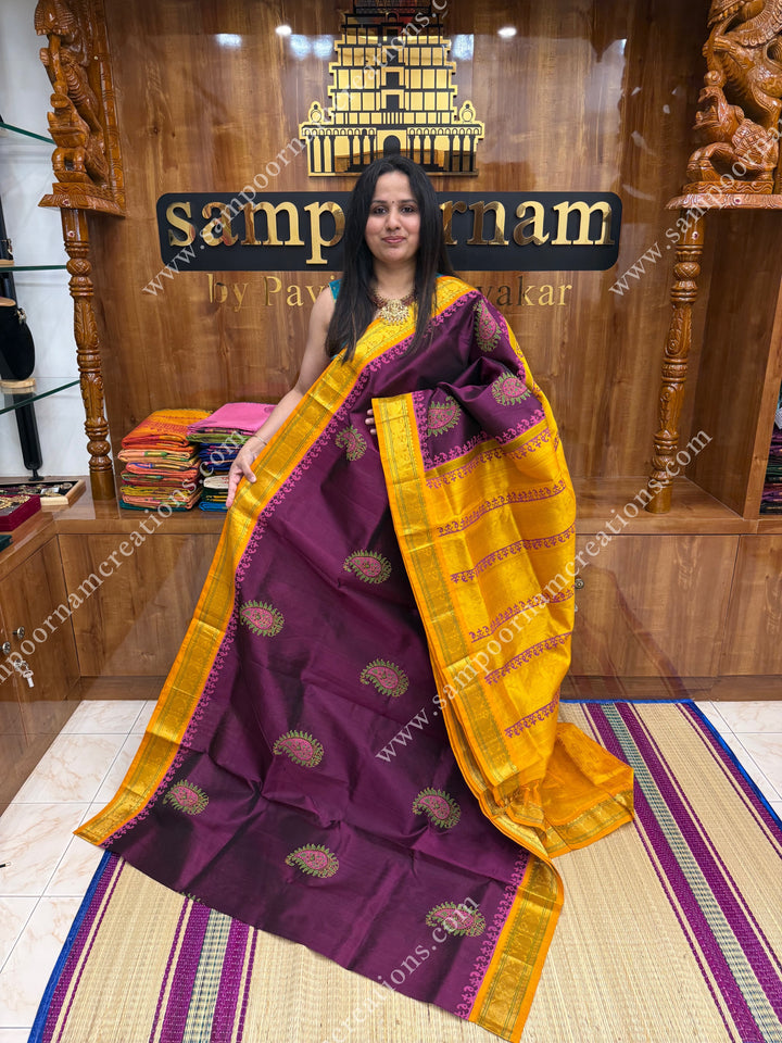 Wine with Mustard  , Mango Print in the body and Rich Pallu Handblock Printed Korvai Silk Cotton Saree