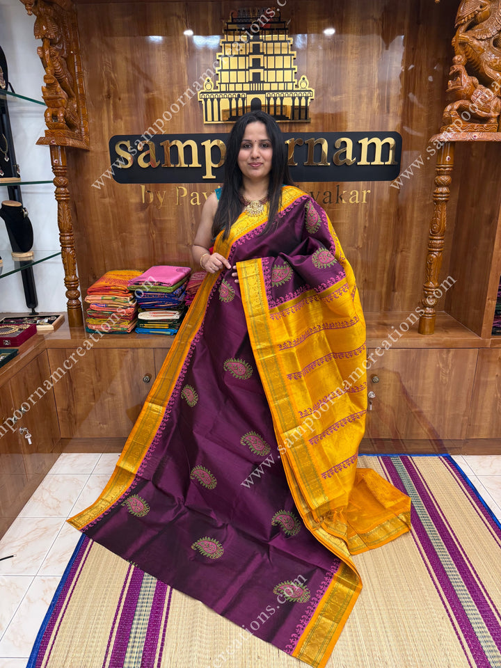 Wine with Mustard  , Mango Print in the body and Rich Pallu Handblock Printed Korvai Silk Cotton Saree