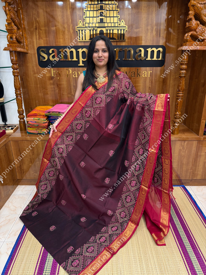 Dark Maroon with Red , Elephant border and Tiny Elephant in the body ,  Rich Pallu Handblock Printed Silk Cotton Saree